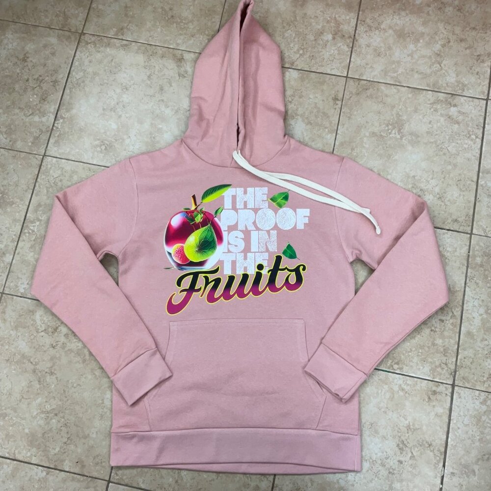“The Proof Is in Fruits” Pink Hoodie – Colorful Graphic Pullover - Small size -
